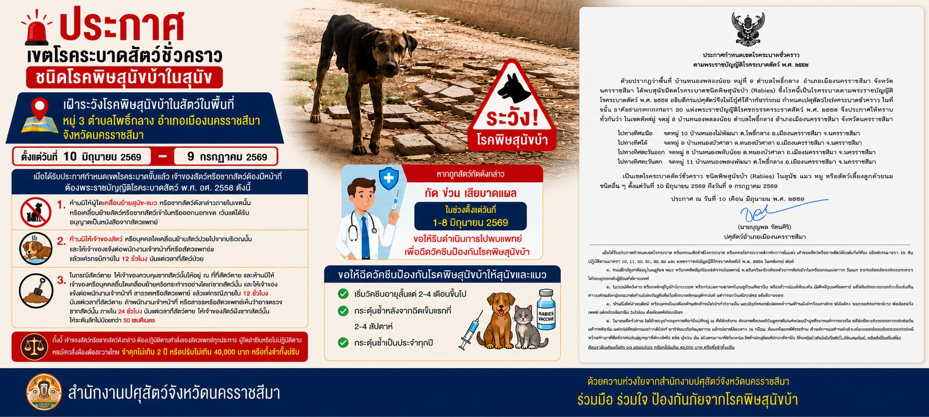 ประกาศเขตโรคระบาดสัตว์ชั่วคราวชนิดโรคพิษสุนัขบ้าในสุนัข